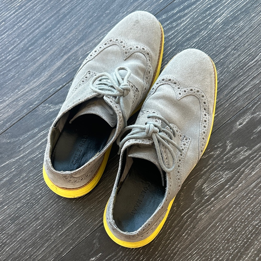 Cole Haan Gray Suede Oxfords with Yellow Soles